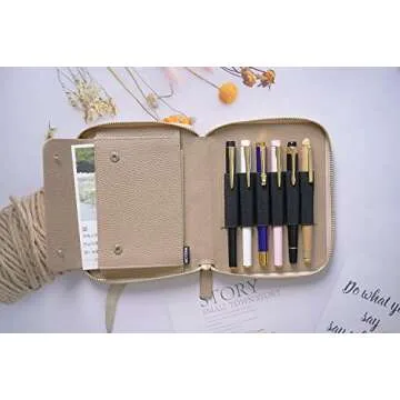 Moterm Leather Zippered Pen Pouch - Fountain Pen Case with 6 Pen Loops and a Snap Pocket (Pebbled-Taupe)