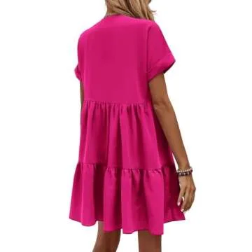 WDIRARA Women's Roll Up Short Sleeve V Neck Dresses Ruffle Hem Flowy Dress Hot Pink M