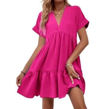 WDIRARA Women's V Neck Ruffle Hem Dress in Hot Pink