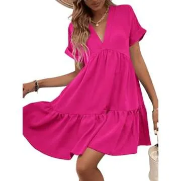 WDIRARA Women's V Neck Ruffle Hem Dress in Hot Pink