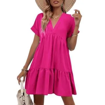 WDIRARA Women's V Neck Ruffle Hem Dress in Hot Pink