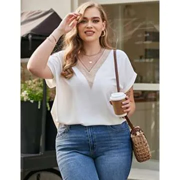 IN'VOLAND Plus Size Womens Tops V Neck Lace Flowy Shirts Loose Blouses 2023 Fashion T-Shirts Dressy Casual Sleeve Tops Black 16-24W