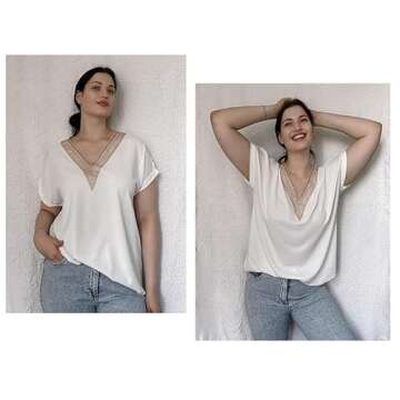 IN'VOLAND Plus Size Womens Tops V Neck Lace Flowy Shirts Loose Blouses 2023 Fashion T-Shirts Dressy Casual Sleeve Tops Black 16-24W