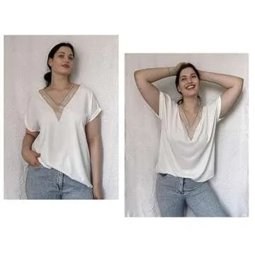 IN'VOLAND Plus Size Womens Tops V Neck Lace Flowy Shirts Loose Blouses 2023 Fashion T-Shirts Dressy Casual Sleeve Tops Black 16-24W