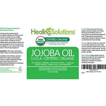 Healing Solutions Organic Jojoba Oil 4oz Cold-Pressed Unrefined for Skin, Hair, Face & Cuticle Moist...