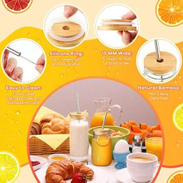 Cunhill 27 Pcs Bamboo Jar Lids Bulk for Beer Can Includes 12 Pcs Bamboo Canning Lids with 70 mm Straw Hole 12 Pcs Reusable Stainless Steel Straw and 3 Pcs Straw Brush for Regular Mouth Drinking Jars