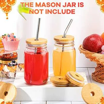 Cunhill 27 Pcs Bamboo Jar Lids Bulk for Beer Can Includes 12 Pcs Bamboo Canning Lids with 70 mm Straw Hole 12 Pcs Reusable Stainless Steel Straw and 3 Pcs Straw Brush for Regular Mouth Drinking Jars