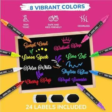 Zenacolor Liquid Chalk Markers Dual Tips - 8 Vibrant Colors, Non-Toxic Chalkboard Markers Quick-Drying, Erasable Chalk Markers for Blackboard, Windows, Glass, Cars - 24 Labels Included