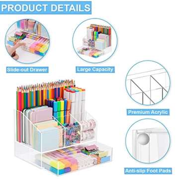 VITVITI Acrylic Desk Organizer, Upgraded Clear Pencil Organizer for Desk, 7 Compartments Stationary ...