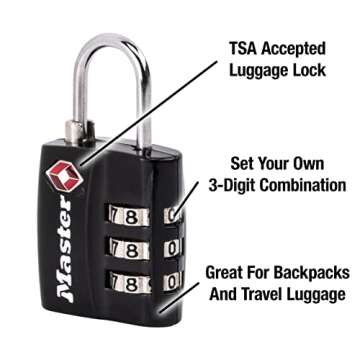 Master Lock Black TSA-Approved Luggage Lock with Wide Lock Body and Thin, Durable Steel Shackle, Zipper Lock for Backpacks, Luggage, 4680DBLK
