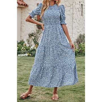 BTFBM Women Casual Summer Dresses 2025 Spring Crew Neck Ruffle Short Sleeve Floral Print Smocked Boh...