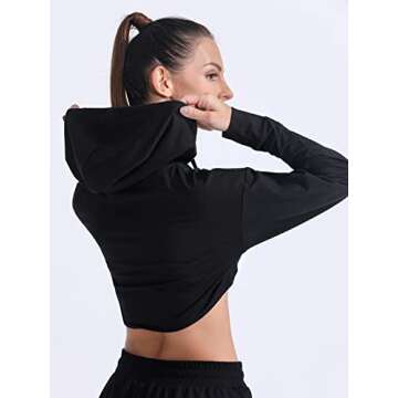 FITTIN Cropped Top Hoodie Women - Long Sleeve Workout Super Crop Top Sweatshirt Plus Size Gym Cute Cut-Out Pullover Black