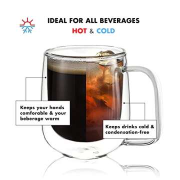 vzaahu Double Wall Coffee Mugs with Handle [2-Pack,10 Oz] 300ml Clear Glass Coffee Mug Set for Cappuccino Glasses Tea Cups Latte Beverage, Glasses Heat Resistant Thermo Insulated