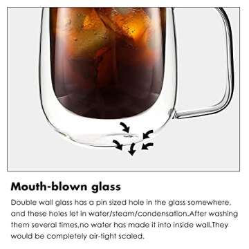 vzaahu Double Wall Coffee Mugs with Handle [2-Pack,10 Oz] 300ml Clear Glass Coffee Mug Set for Cappuccino Glasses Tea Cups Latte Beverage, Glasses Heat Resistant Thermo Insulated
