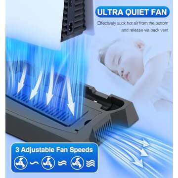 PS5/Slim/Pro Cooling Station for Playstation 5 Console Disc/Digital Edition - PS5 Slim Pro Cooling Stand with Controller Charging Station Accessories-Cooler Fan/Headset Holder/3 USB Hub, Black