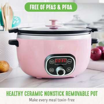 GreenLife 6 Quart Ceramic Slow Cooker, PFAS-Free, Programmable, Removable Healthy Nonstick Pot for F...