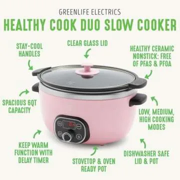 GreenLife 6 Quart Ceramic Slow Cooker, PFAS-Free, Programmable, Removable Healthy Nonstick Pot for Family Meals, Sear on Stovetop, Keep Warm, Digital Timer, Dishwasher Safe Glass Lid & Crock, Pink