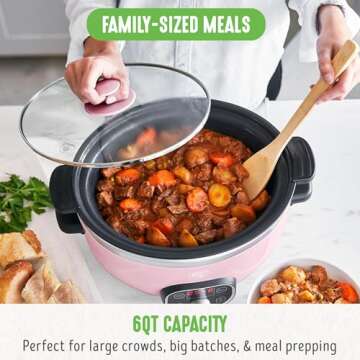 GreenLife 6 Quart Ceramic Slow Cooker, PFAS-Free, Programmable, Removable Healthy Nonstick Pot for Family Meals, Sear on Stovetop, Keep Warm, Digital Timer, Dishwasher Safe Glass Lid & Crock, Pink