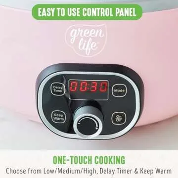 GreenLife 6 Quart Ceramic Slow Cooker, PFAS-Free, Programmable, Removable Healthy Nonstick Pot for Family Meals, Sear on Stovetop, Keep Warm, Digital Timer, Dishwasher Safe Glass Lid & Crock, Pink