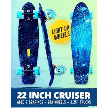 Deleven 22" Skateboard with Bright LED Wheels, Carry Bag, Skate Tool, ABEC 7 Bearings - for Kids Beg...