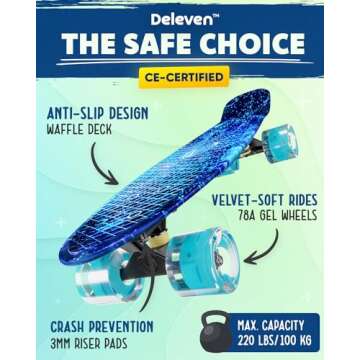 Deleven 22" Skateboard with Bright LED Wheels, Carry Bag, Skate Tool, ABEC 7 Bearings - for Kids Beginners Adults