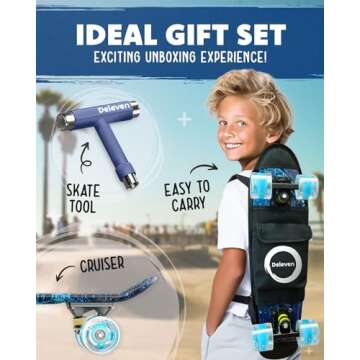 Deleven 22" Skateboard with Bright LED Wheels, Carry Bag, Skate Tool, ABEC 7 Bearings - for Kids Beginners Adults