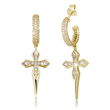 TOPGRILLZ Cross Hoop Dangle Earrings - Sterling Silver & Gold Plated, Hypoallergenic