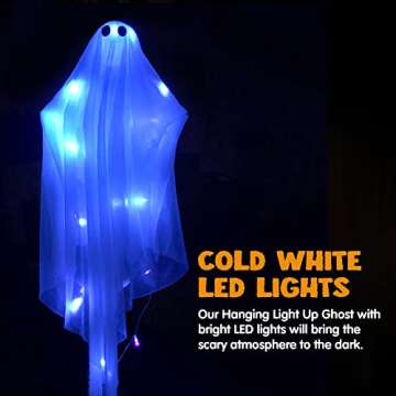 JOYIN Halloween Hanging Light up Ghost with Spooky Blue LED Light, 47” White Hanging Ghosts, Hallo...