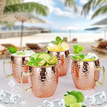 Amrules Moscow Mule Mugs Set of 4, 16 oz Hammered Copper Cups with 304 Stainless Steel Lining and Go...