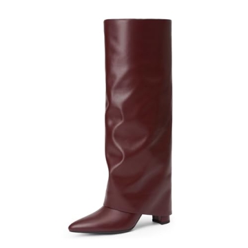 Modatope Burgundy Knee High Boots Stylish Zippered Comfort Shoes for Women Chunky Heels