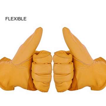OZERO Flex Grip Leather Work Gloves - Tough Cowhide with Stretchable Wrist