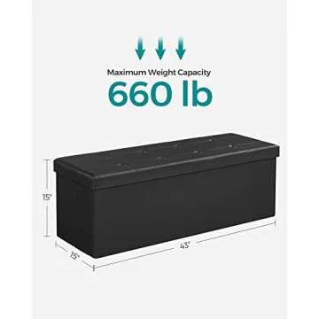 SONGMICS MAZIE Collection - 43 Inches Folding Storage Ottoman Bench, Ottoman with Storage, Foot Rest Stool, Load 660 lb, for Living Room, Synthetic Leather, Black ULSF701