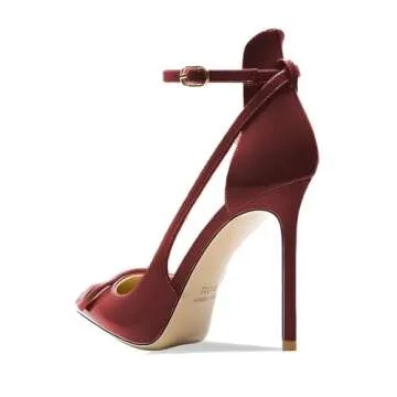 Qunvngutui Women's Pointed-Toe Bag-Toe Strappy V Buckle High-Heeled Shoes Sexy Stiletto Pumps Wine Red Patent Leather US7.5