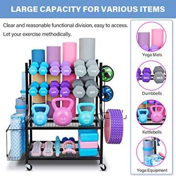 NBTORCH Yoga Mat Storage Rack - Home Gym Storage Rack for Yoga Mats, Dumbbells and Kettlebells, All in One Workout Equipment Storage with Caster Wheels (Hold Up to 440 Lbs)