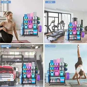 NBTORCH Yoga Mat Storage Rack - Home Gym Storage Rack for Yoga Mats, Dumbbells and Kettlebells, All in One Workout Equipment Storage with Caster Wheels (Hold Up to 440 Lbs)