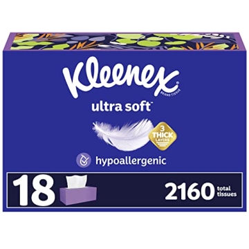 Kleenex Ultra Soft Facial Tissues, 18 Flat Boxes, 120 Tissues per Box, 3-Ply (2,160 Total Tissues), ...