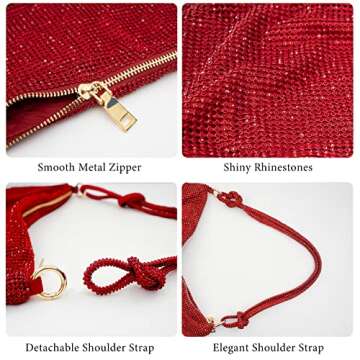 Rhinestone Purse Silver Hobo Purse Sparkly Black Evening Bag for Women Prom Party Wedding-Red
