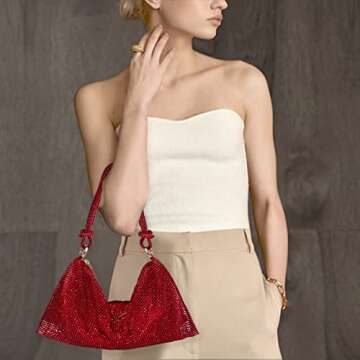 Rhinestone Purse Silver Hobo Purse Sparkly Black Evening Bag for Women Prom Party Wedding-Red