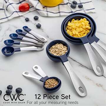 COOK WITH COLOR Measuring Cups Set and Measuring Spoon Set, Stainless Steel Handles, Nesting Kitchen Measuring Set, Liquid Measuring Cup Set, 12 PC Stainless Steel, Navy
