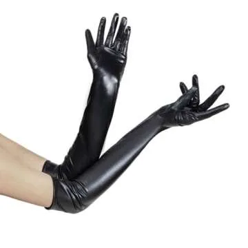 Spooktacular Creations Black Wet Look Long Gloves, Faux Patent Leather Dress Gloves for Women, Hallo...