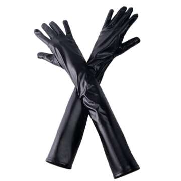 Spooktacular Creations Black Wet Look Long Gloves, Faux Patent Leather Dress Gloves for Women, Halloween Costume Accessory, Evening Opera Party, Cosplay Photoshoot