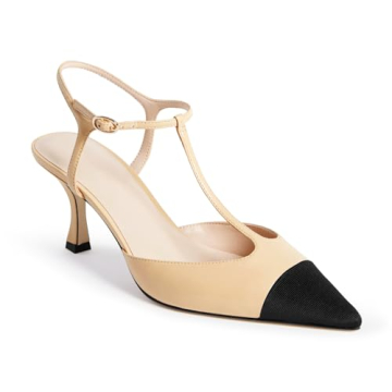 Coutgo Womens Kitten Heels Slingback Pumps Closed Pointed Toe Two Tone Ankle T Strap Office Dress Sh...