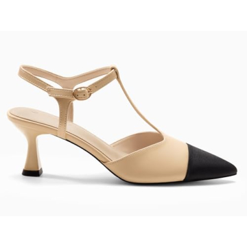 Coutgo Womens Kitten Heels Slingback Pumps Closed Pointed Toe Two Tone Ankle T Strap Office Dress Shoes, Khaki, Size 8