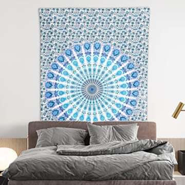 Bless International Handmade Indian hippie Bohemian Psychedelic Peacock Mandala Wall hanging College Dorm Beach Throws Table Cloth Bedding Tapestry (Peacock Sky Blue, Twin(54x72Inches)(140x185cms))