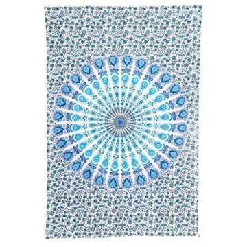Bless International Handmade Indian hippie Bohemian Psychedelic Peacock Mandala Wall hanging College Dorm Beach Throws Table Cloth Bedding Tapestry (Peacock Sky Blue, Twin(54x72Inches)(140x185cms))