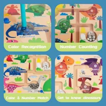 WOODENFUN Magnetic Color & Number Maze, Montessori Wooden Color Matching Learning Counting Puzzle Board, Toddler Fine Motor Skills Toys for Boys Girls 3 4 5 Years Old - Dinosaur