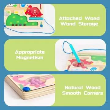 WOODENFUN Magnetic Color & Number Maze, Montessori Wooden Color Matching Learning Counting Puzzle Board, Toddler Fine Motor Skills Toys for Boys Girls 3 4 5 Years Old - Dinosaur