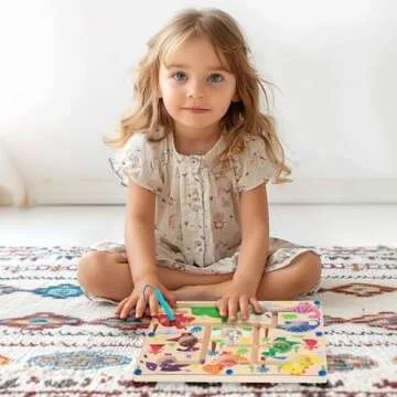 WOODENFUN Magnetic Color & Number Maze, Montessori Wooden Color Matching Learning Counting Puzzle Board, Toddler Fine Motor Skills Toys for Boys Girls 3 4 5 Years Old - Dinosaur