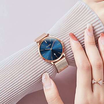 OLEVS Watch Women,Womens Watch,Ultra Thin Rose Gold and Blue Face Watches for Women Luxury Stainless...