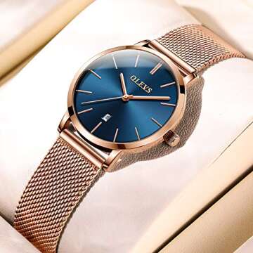 OLEVS Women's Rose Gold and Blue Ultra-Thin Luxury Watch